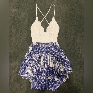 Rumor Boutique White and Blue Mini Dress Size S